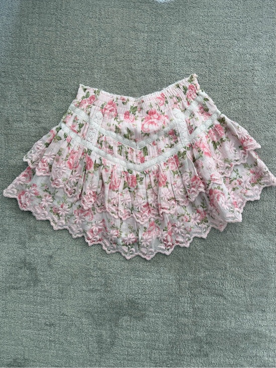 LoveShackFancy Dresses & Skirts - LoveShackFancy Pink Floral Mini Ruffled/Tiered Lace Skirt